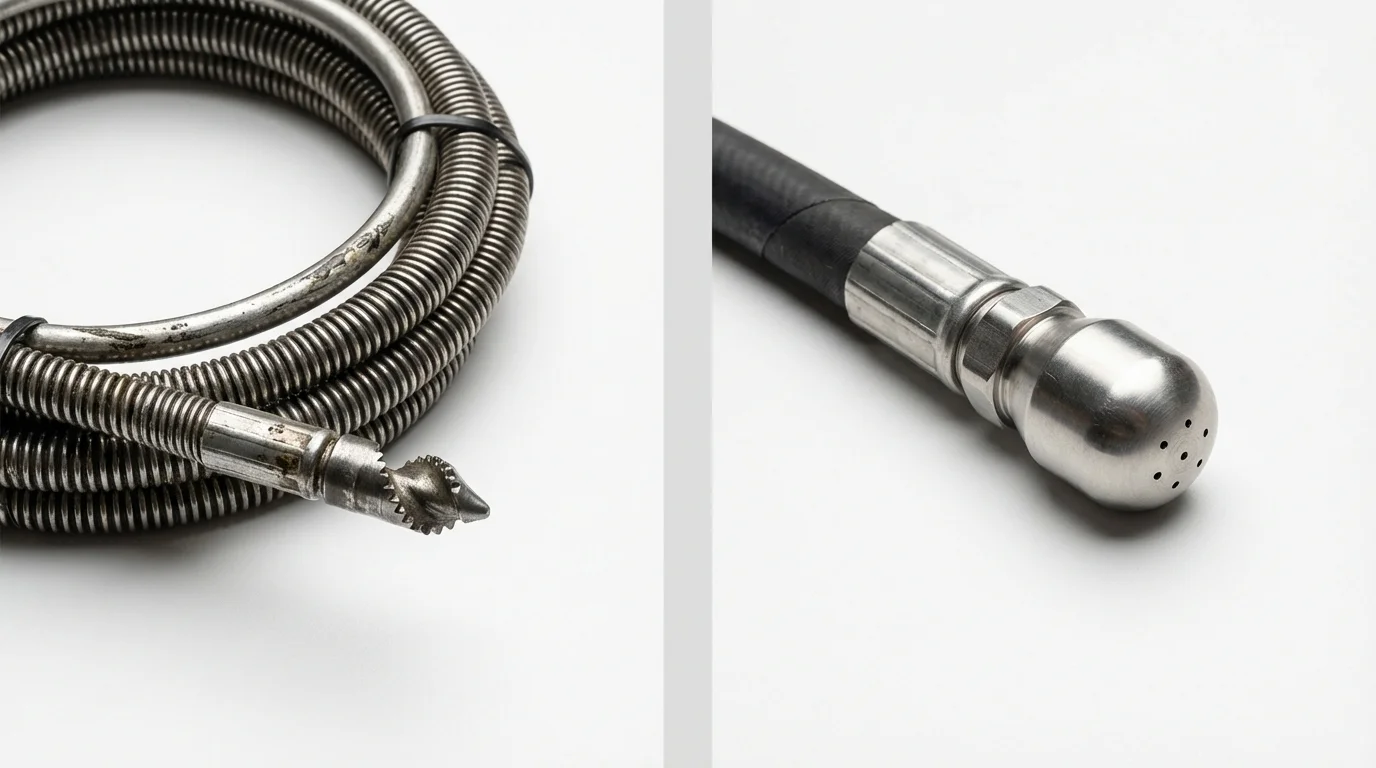Drain snake cable and hydro jetting nozzle used for drain cleaning in Syracuse, IN