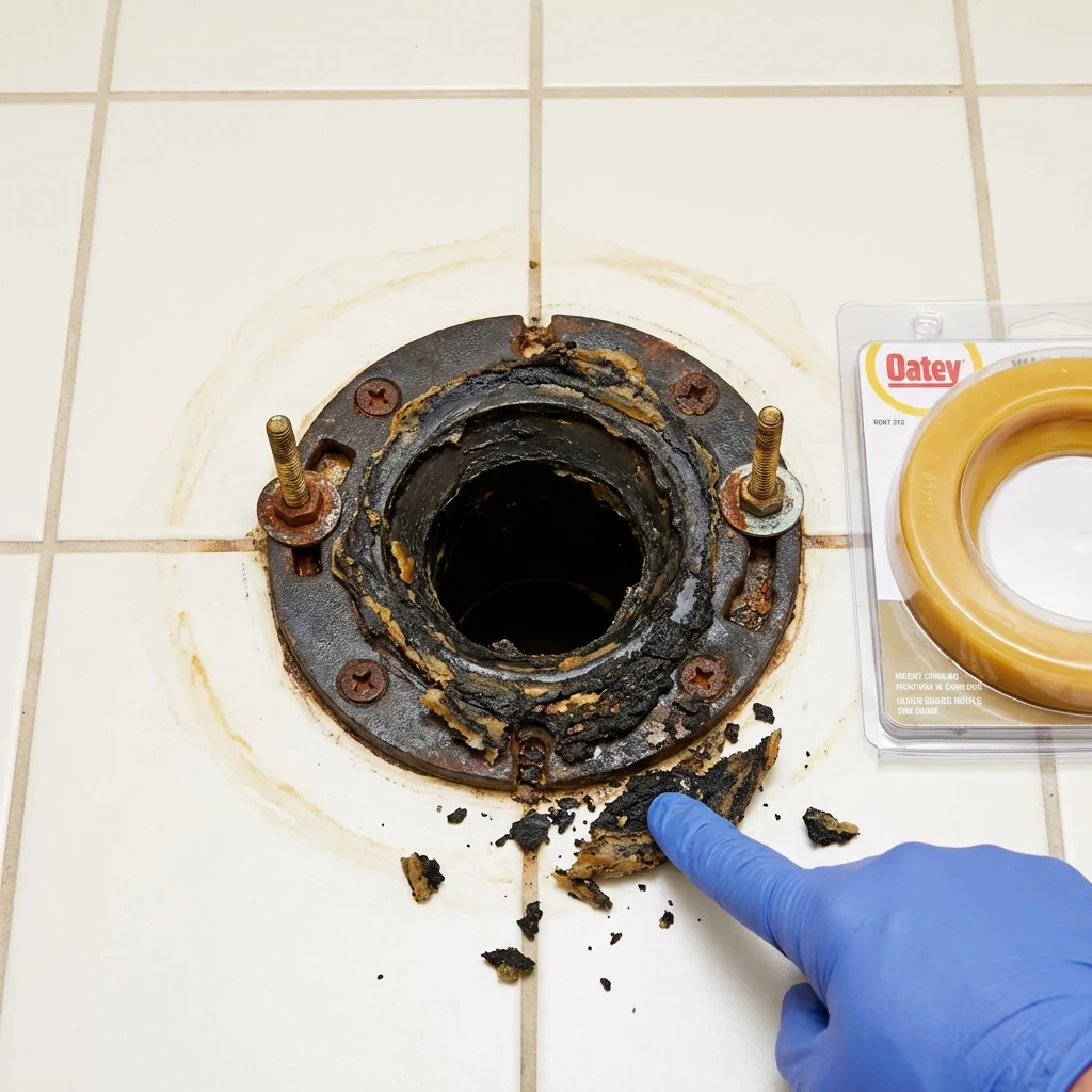Failed wax ring showing water seepage at the base of a toilet in a Syracuse, IN home