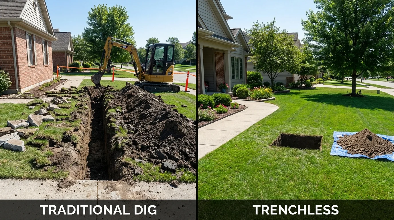 Trenchless sewer repair with minimal yard damage versus traditional excavation in Syracuse, IN
