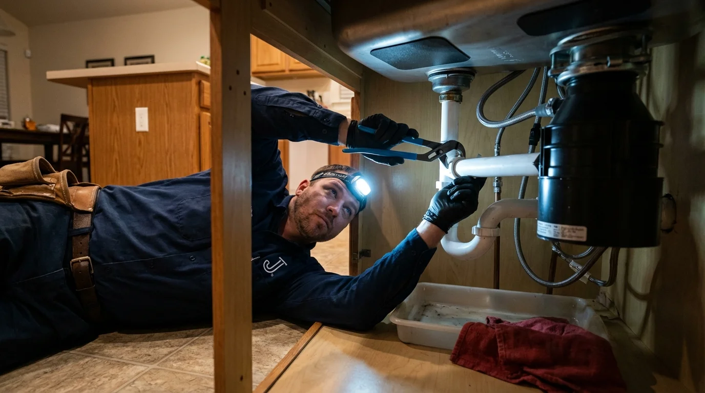 P-trap and supply line connections under a kitchen sink showing a common leak point in Syracuse, IN